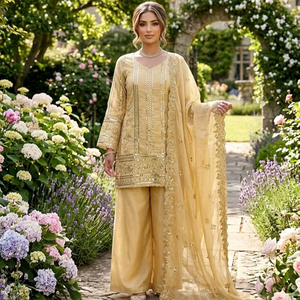 Ensemble haut de gamme en soie JMC avec broderie de sequins et travail de fil, style Plazzo Dupatta - Product Image 1