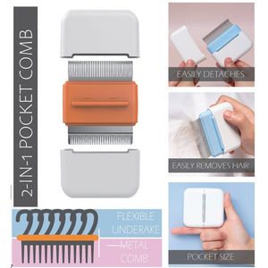 หวีกรูมมิ่งสำหรับเดินทางแบบ 2-in-1 ยี่ห้อ Zipocket ทำจากสแตนเลส พร้อมหวีสำหรับขนซับในสำหรับสัตว์เลี้ยง - Product Image 3