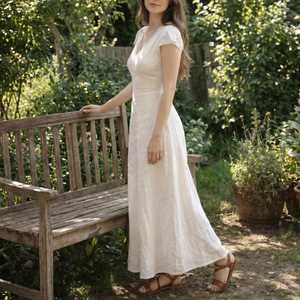 Vestido Maxi de Lino Blanco con Cuello en V y Manga Corta, Estilo Vintage Pastoral, Casual de Verano, Transpirable, Color Sólido, Cintura Natural - Product Image 3