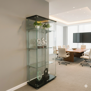 Black Tempered Glass Display Cabinet Rectangular Etagere Shelf with Glass Back for Exhibition Display Home Decor - Product Image 4