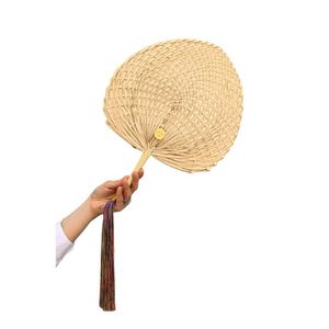 Éventail en bambou tissé et peint BLUE LOTUS, naturel et traditionnel, pour la décoration de la maison, modèle Charlie Dinh - Product Image 1