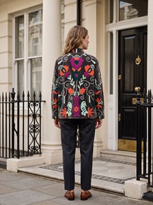 Veste en velours brodée pour femmes avec motif floral et d'oiseaux, style ethnique fait main, vêtement d'extérieur - Product Image 4