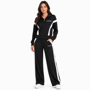 Custom Logo Women Color Block Tracksuit Set OEM <b>Zip</b> <b>Up</b> <b>Jacket</b> Side Stripe Wide Leg Pants Two Piece Set Active Sportswear - Product Image 1