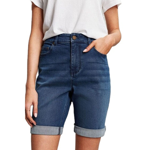 Short en jean taille haute OEM pour femme, couleur unie, boutonnage frontal, délavage à la pierre, coupe droite, style décontracté d'été, ourlet retroussé - Product Image 1