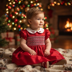 Vestido de Bebé en Capas, Transpirable, Ecológico, Hasta la Rodilla, con Cuello Peter Pan, Manga Abullonada, Adorable, Navideño, con Bordado a Mano, ODM - Product Image 2