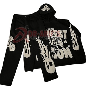 Sweat à capuche coupe brute ourlet bord personnalisé pour hommes et pour pantalon à impression bouffante survêtement évasé ensemble de jogging deux pièces pour l'hiver - Product Image 4