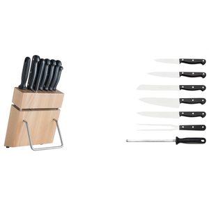 Ensemble de couteaux de cuisine en acier inoxydable avec manches ergonomiques noirs, support de rangement en bois et aiguiseur pour la préparation des aliments - Product Image 1