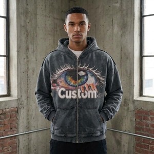 Sweat à capuche zippé pour homme avec imprimé œil personnalisé, coupe oversize, style streetwear, en coton écologique imperméable French Terry, collection automne - Product Image 4