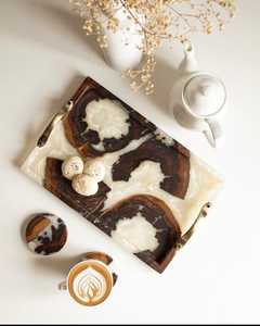 <b>Epoxy</b> Resin & Natural Acacia Wood Serving Tray with Premium Brushed Gold Metal Handles for <b>Coffee</b> <b>Table</b>, Breakfast, Tea, Snacks - Product Image 1