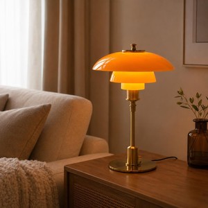 <b>Mid</b> <b>Century</b> Modern Brass Table <b>Lamp</b> With Gold-Plated Base And Orange Glass Shade Round Design For Indoor Lighting - Product Image 3