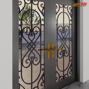 Porte d'entrée double en fer forgé de luxe, sur mesure, avec inserts en verre, décorative, extérieure, pour villa, maison, résidence, étanche - Product Image 2