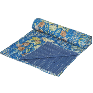Blue Floral Kantha <b>Quilt</b> Hand Embroidered Cotton <b>Bedspread</b> Reversible Printed Cover for Home Hotel - Product Image 2