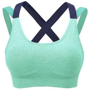 Soutien-gorge de sport sans couture gris pour femme, dos croisé, respirant, séchage rapide, maintien moyen, col rond, couleur unie, détails en maille - Product Image 3