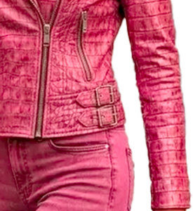 Women's <b>Pink</b> Croco Emboss Leather Moto <b>Jacket</b> With Zipper Closure And Embossed Texture Full Sleeve Autumn Style - Product Image 3