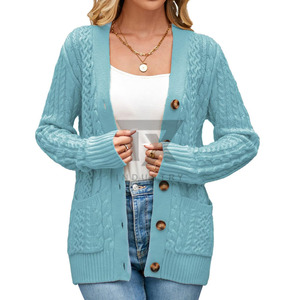 Cardigan en tricot bleu personnalisé avec logo blanc imprimé, manches longues, col rond, pull décontracté pour femme - Product Image 1