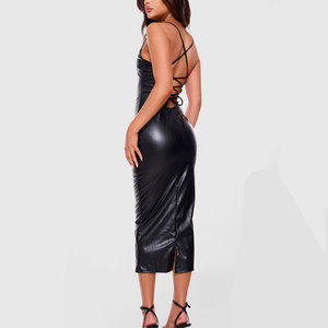 Fashion Beautiful Women's Genuine Leather Knee-Length Casual Dress with Slit and Diamonds Solid Closure Leather Dress - Product Image 2