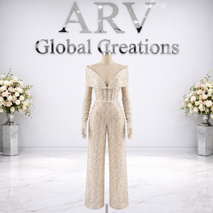 Mono de lentejuelas de lujo con hombros descubiertos |   Vestido de Fiesta Elegante con Lentejuelas y Pierna Ancha, Estilo Corsé, para Cóctel, Boda o Evento Formal - Product Image 2