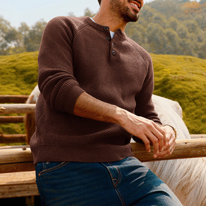 Prix d'usine – Pull Henley gaufré à manches raglan marron personnalisé pour hommes – Tricot de haute qualité en gros OEM ODM - Product Image 3