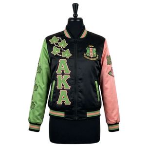 Chaqueta Bomber con Estampado de Hojas de Hiedra en Negro, Rosa y Verde para Mujer, Diseño Gráfico de Perlas 1908, Estilo Casual y Deportivo - Product Image 1