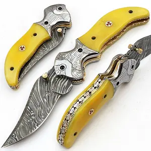 Damascus Steel Folding Knife With Dyed Bone Handle Outdoor Camping Knives with Clip