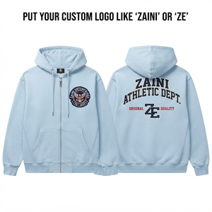 Mens 380 GSM Cotton Polyester Fleece Full <b>Zip</b> Front Hoodie Sky Blue Heavyweight Custom Embroidery Winter - Product Image 1