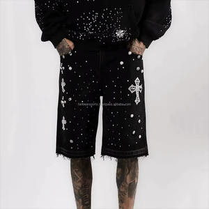 Denim Manufacturer Streetwear Custom Vintage Wash <b>Shorts</b> <b>Men</b> <b>Jeans</b> <b>Shorts</b> With Rhinestones Denim <b>Shorts</b> Latest Design 2026 - Product Image 2