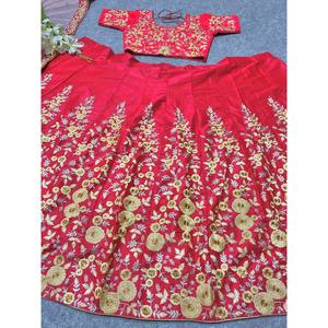 NF <b>Red</b> <b>Silk</b> Lehenga Choli for Parties and Weddings Fancy Border Work Elegant Wedding Apparel One-Size - Product Image 5