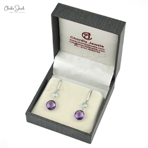 Boucles d'oreilles pendantes en argent sterling 925 avec topaze bleue ciel et améthyste claire naturelle ronde de 10 mm à taille damier pour petite amie - Product Image 4