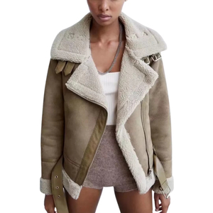 Women's Autumn Winter Moto <b>Jacket</b> Breathable Faux Fur Leather Coat with Warm Lapel <b>Suede</b> Streetwear-Bonded Processing - Product Image 3