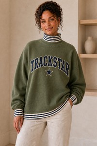 Olive Green Women's Mock Neck Sweatshirt Cream Navy Striped Rib Trim Varsity Letter Logo <b>Star</b> Trackstar Custom OEM Pullover - Product Image 1