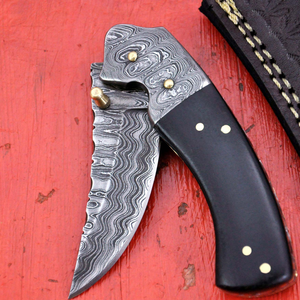 Couteau de chasse en acier Damas, lame à pointe tombante, manche en cuir, bouton de pouce, pour usage extérieur et camping - Product Image 1