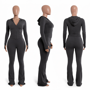 Conjunto de dos piezas para mujer: Sudadera con capucha y chaqueta acampanada con cremallera, pantalones ajustados acampanados, chándal de jogging de longitud completa - Product Image 5