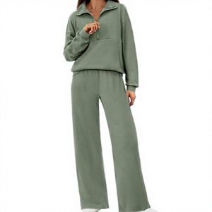 Ensemble de survêtement décontracté deux pièces à demi-zip en coton 100 % écologique, léger, à capuche, style streetwear, avec cordon de serrage latéral - Product Image 1