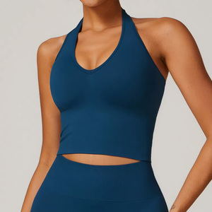 เสื้อกล้ามคอ halter สีดำสำหรับผู้หญิง ผ้าถักผสมสแปนเด็กซ์และโพลีเอสเตอร์ ทรงสปอร์ต ความยาวสั้น ระบายอากาศได้ดี สีพื้น เหมาะสำหรับออกกำลังกาย - Product Image 6