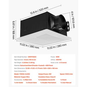 Ventilatore di scarico per bagno Premium 80 CFM con motore silenzioso, interfaccia standard per condotto da 4 pollici, per bagno, lavanderia o roulotte - Product Image 2