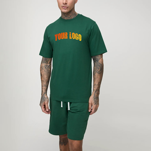เสื้อยืดคอกลมสีเขียวผ้าฝ้ายสำหรับผู้ชาย พิมพ์ลายตัวอักษรด้านหน้า ชุดลำลองฤดูร้อน กางเกงขาสั้น ผ้าถักระบายอากาศดี ลดราคา - Product Image 4