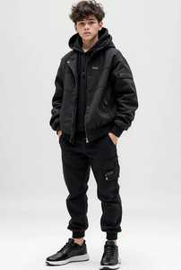 Ensemble de survêtement à capuche en coton noir pour garçons, coupe ample, style streetwear, veste zippée, pantalon cargo jogger, coupe-vent pour l'automne - Product Image 5