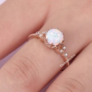 Dainty Round White <b>Opal</b> <b>Ring</b> for Women 14K Rose Gold <b>Opal</b> Stacking <b>Ring</b> Cubic Zirconia Gemstone Jewelry Minimalist Wedding Band - Product Image 3
