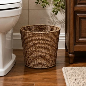 Brown Rattan Waste <b>Bin</b> Woven Garbage Basket Decorative Trash Can with Handle Cover & Open for Home Hospital Kitchen Office - Product Image 5