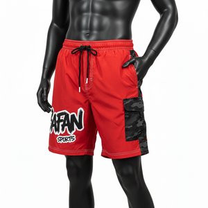 กางเกงว่ายน้ำสีแดงผ้าไมโครไฟเบอร์โพลีเอสเตอร์ เนื้อนุ่ม แห้งเร็ว ซับในตาข่าย เอวยางยืด ลายพรางสีดำ พร้อมสกรีนโลโก้ตามสั่ง - Product Image 5