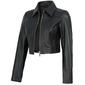 Chaqueta de cuero genuino para mujer, corte ajustado, estilo motero, piel de oveja suave, con cremallera, estilo urbano, de lujo, color negro. - Product Image 3