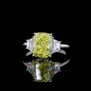 4 Ct Square <b>Cushion</b> Fancy Vivid Yellow Lab Grown Diamond 14K Gold Engagement Ring Triangle Side Stones Floral Basket Design for - Product Image 1