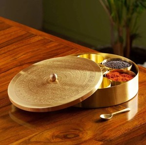 Indian Handmade Pure Brass Spice <b>Box</b> With Spoon, Kitchen Storage Spice Dabba, Masala <b>box</b>, Round Spice <b>Box</b> for Sale - Product Image 3