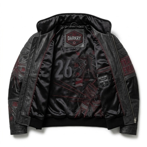 Blouson en cuir brodé à motif géométrique, col montant, fermeture éclair, style motard, pour l'automne - Product Image 5