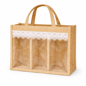 Bolsa de Regalo para Vino de Yute Natural con Triple Compartimento, Ventana Transparente y Ribete de Encaje, Ecológica - Product Image 1
