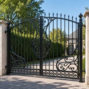Puerta Doble Abatible de Hierro Forjado Negro con Adornos Ornamentales para Entrada de Vehículos, Seguridad y Uso en Exteriores de Villas, Hogares y Jardines - Product Image 2