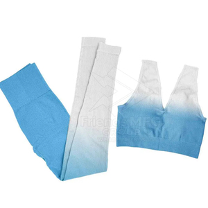 <b>Women</b> Yoga Set Gradient Blue <b>White</b> High Waist <b>Leggings</b> Square Neck Non-Convertible Straps Crop Top 2 Piece Spandex Polyester - Product Image 2