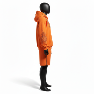 Ensemble sweat à capuche et short en molleton épais coton-polyester pour homme, imprimé flamme strass orange personnalisé - Product Image 3