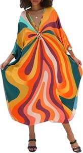 V Neck Maxi Kaftan Long Sleeve Loose Fit Geometric Print <b>Wrap</b> Tie Front Summer Beach Dress Breathable Woven Fabric Women's - Product Image 5