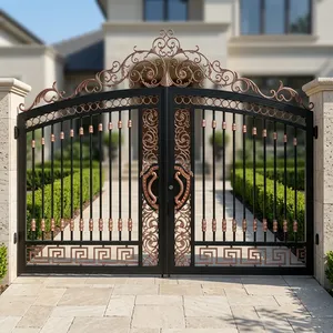 Puerta de Entrada de Hierro Forjado Galvanizado en Negro y Oro Rosa de Lujo con Paneles Geométricos Ornamentados para Uso Residencial/Villas - Product Image 3